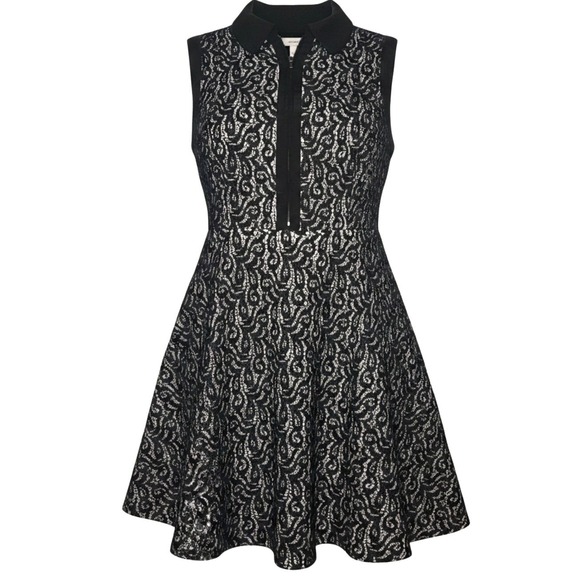 Betsey Johnson Dresses & Skirts - Betsey Johnson Womens Black White Lace Zip Front Fit Flare Dress Size 8 Retro
